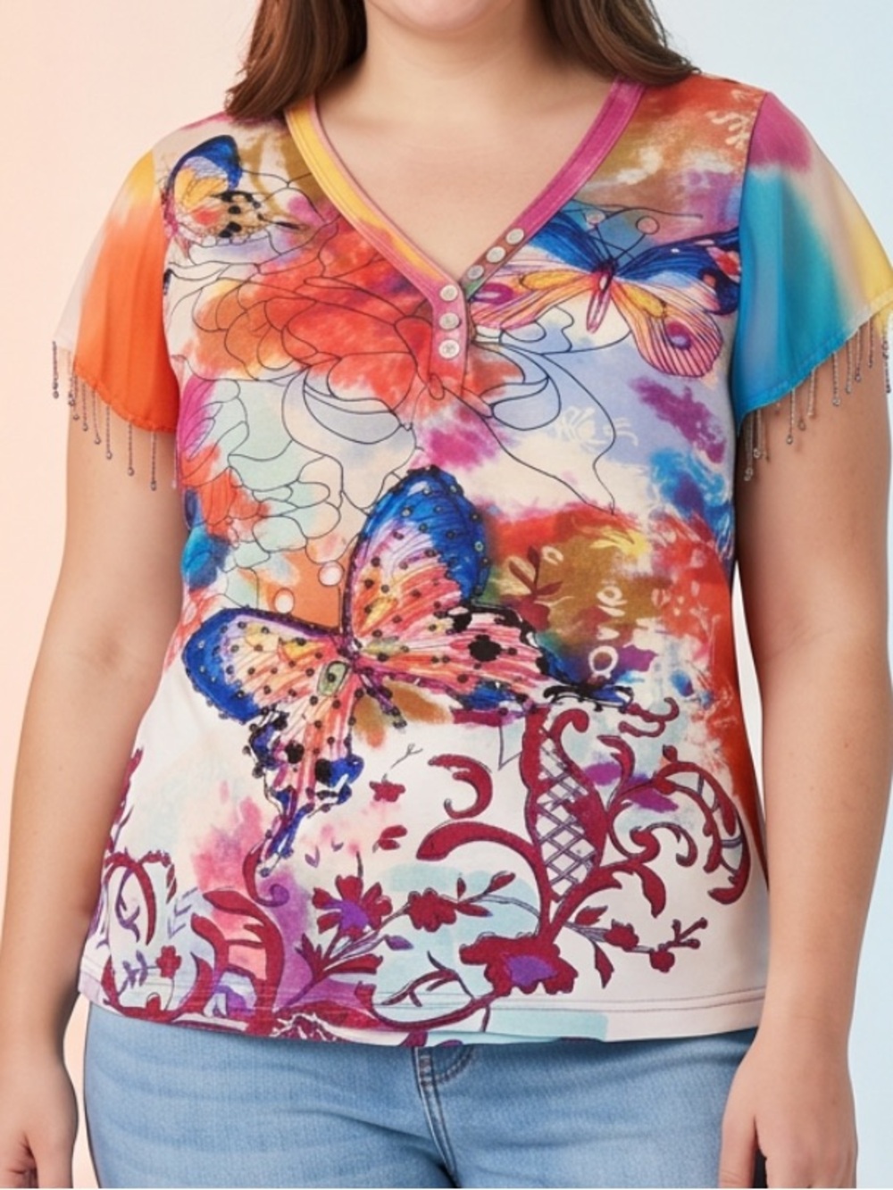 Vintage Papa Purple, Pink, Red , Blue Butterfly Short Sleeve casual Top